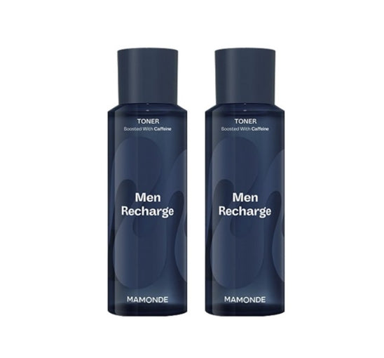 Two bottles of Men Recharge toner by Mamonde on a white background