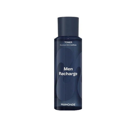 Blue bottle of Men Recharge toner by Mamonde on a white background
