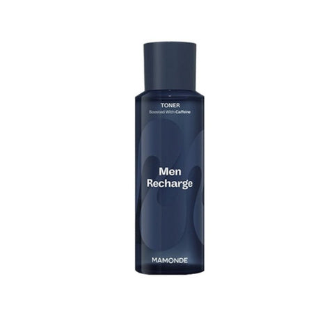 Blue bottle of Men Recharge toner by Mamonde on a white background