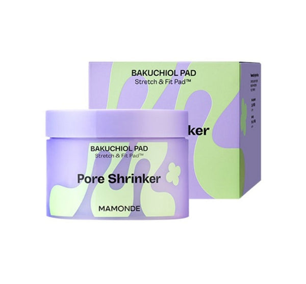 A container of Mamonde Pore Shrinker Bakuchiol Pad with its packaging box. The product is designed to tighten and refine pores.