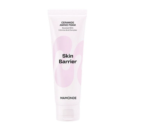 A tube of Mamonde Probiotics Ceramide Amino Foam with a pink and white design, indicating it is a skin care product.