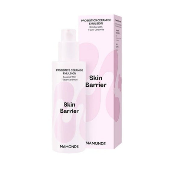 Mamonde Probiotics Ceramide Emulsion packaging and bottle, 150ml size, pink and white design with product information on the packaging.