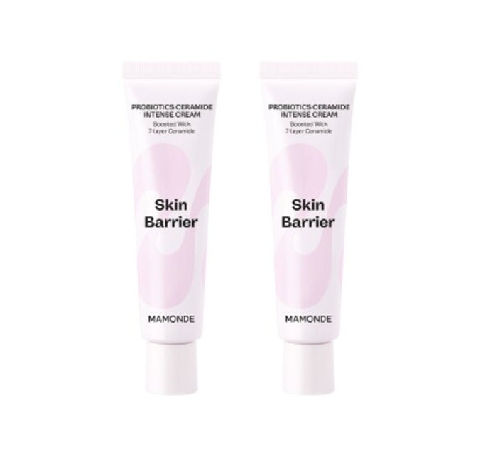 Two tubes of Mamonde Probiotics Ceramide Intense Cream, each tube is 60ml, packaged in white sachets with pink and green text.