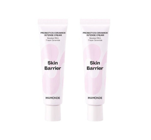 Two tubes of Mamonde Probiotics Ceramide Intense Cream, each tube is 60ml, packaged in white sachets with pink and green text.