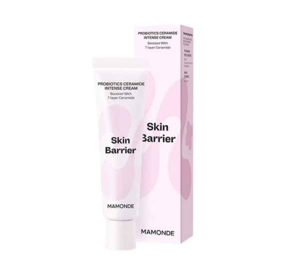 A tube of Mamonde Probiotics Ceramide Intense Cream in packaging, indicating skin barrier strengthening and moisturizing properties.