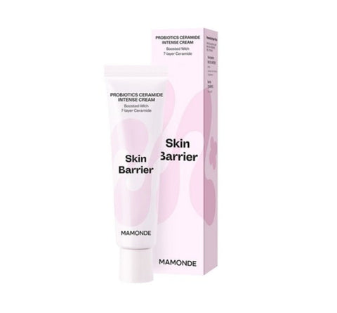 A tube of Mamonde Probiotics Ceramide Intense Cream in packaging, indicating skin barrier strengthening and moisturizing properties.