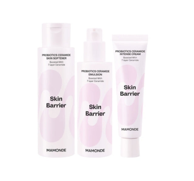 Three skincare products from Mamonde, including a skin softener, emulsion, and cream, each in pink and white packaging.