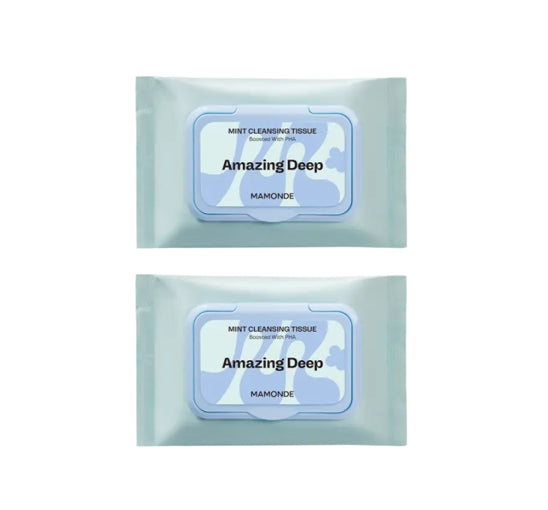 Two packages of Mamonde Amazing Deep cleansing tissue on a white background