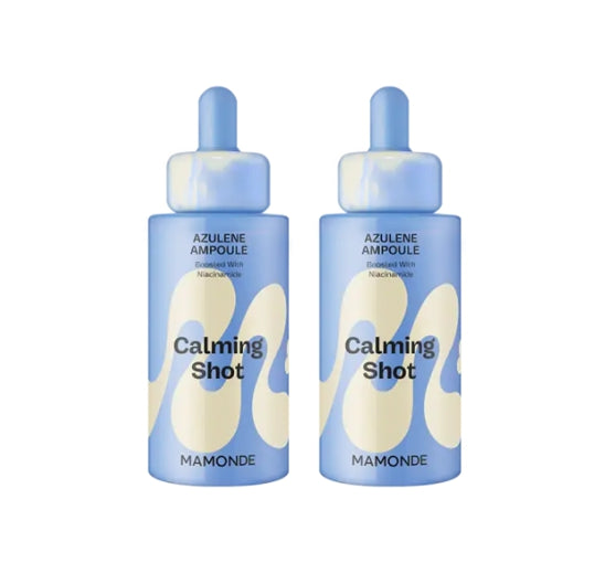 Two bottles of Mamonde Azulene Ampoule Calming Shot on a white background