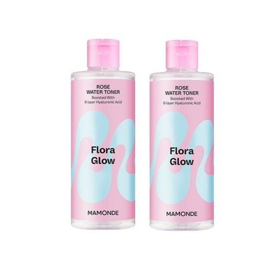 Two bottles of Flora Glow Mamonde rose water toner on a white background