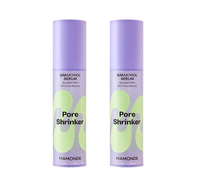 Two bottles of Mamonde Pore Shrinker Bakuchiol Serum, 50ml each, with the brand and product information displayed on the labels.