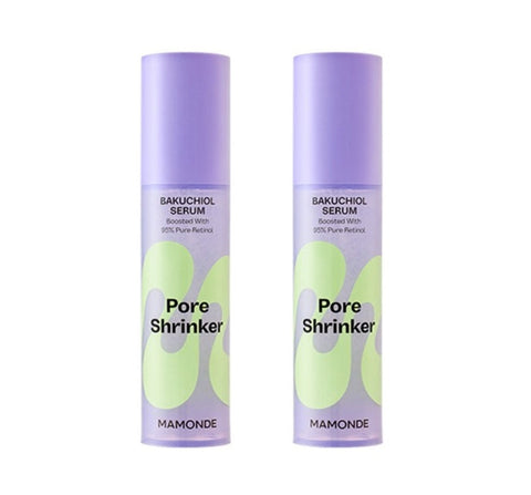 Two bottles of Mamonde Pore Shrinker Bakuchiol Serum, 50ml each, with the brand and product information displayed on the labels.