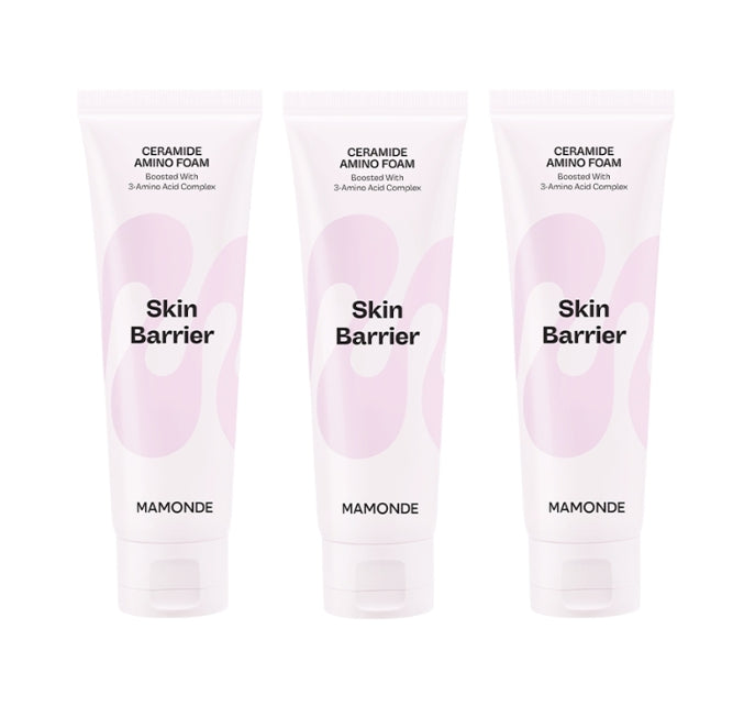 Three tubes of Mamonde Probiotics Ceramide Amino Foam, each tube is 120g and they are packaged in a cardboard box with a label showing the product name and brand.