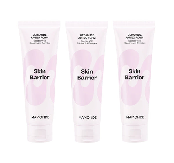 Three tubes of Mamonde Probiotics Ceramide Amino Foam, each tube is 120g and they are packaged in a cardboard box with a label showing the product name and brand.