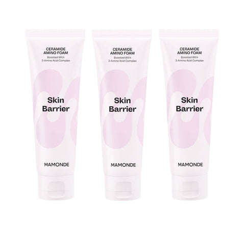 Three tubes of Mamonde Probiotics Ceramide Amino Foam, each tube is 120g and they are packaged in a cardboard box with a label showing the product name and brand.