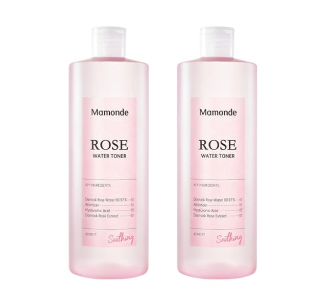 Two bottles of Mamonde Rose Water Toner, each containing 500ml of product. The bottles are pink with white labeling and are displayed against a white background.