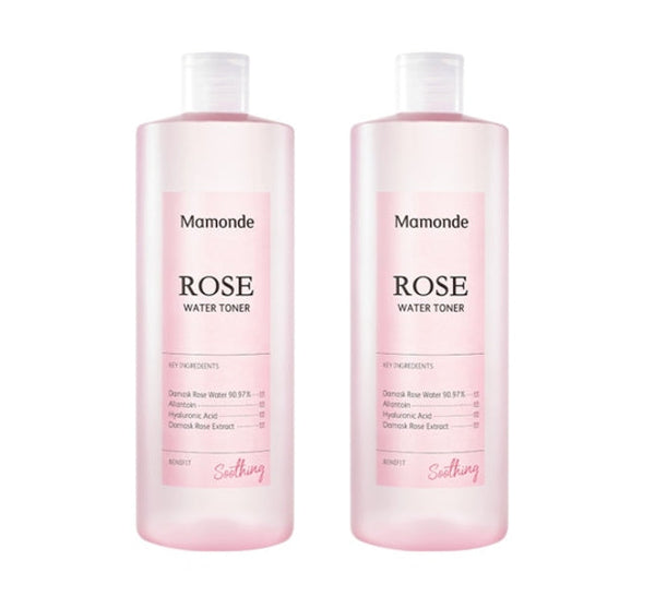 Two bottles of Mamonde Rose Water Toner, each containing 500ml of product. The bottles are pink with white labeling and are displayed against a white background.