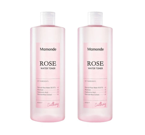 Two bottles of Mamonde Rose Water Toner, each containing 500ml of product. The bottles are pink with white labeling and are displayed against a white background.
