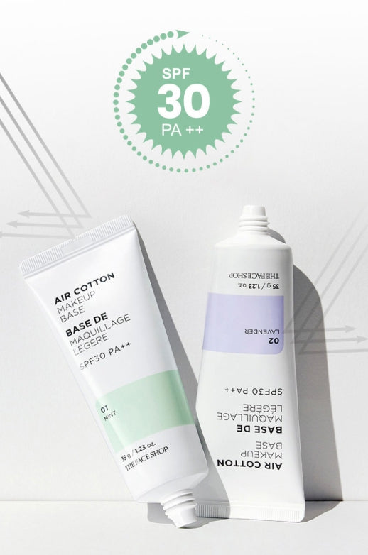 2 x THE FACE SHOP Air Cotton Makeup Base 35g SPF30 PA++ 02 Lavender - Colour‑Correcting Primer from Korea