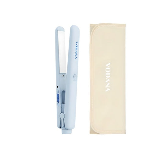 Blue hair straightener with beige carrying case on a white background