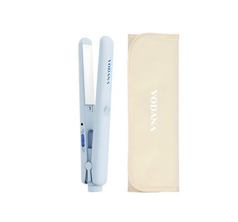 Blue hair straightener with beige carrying case on a white background