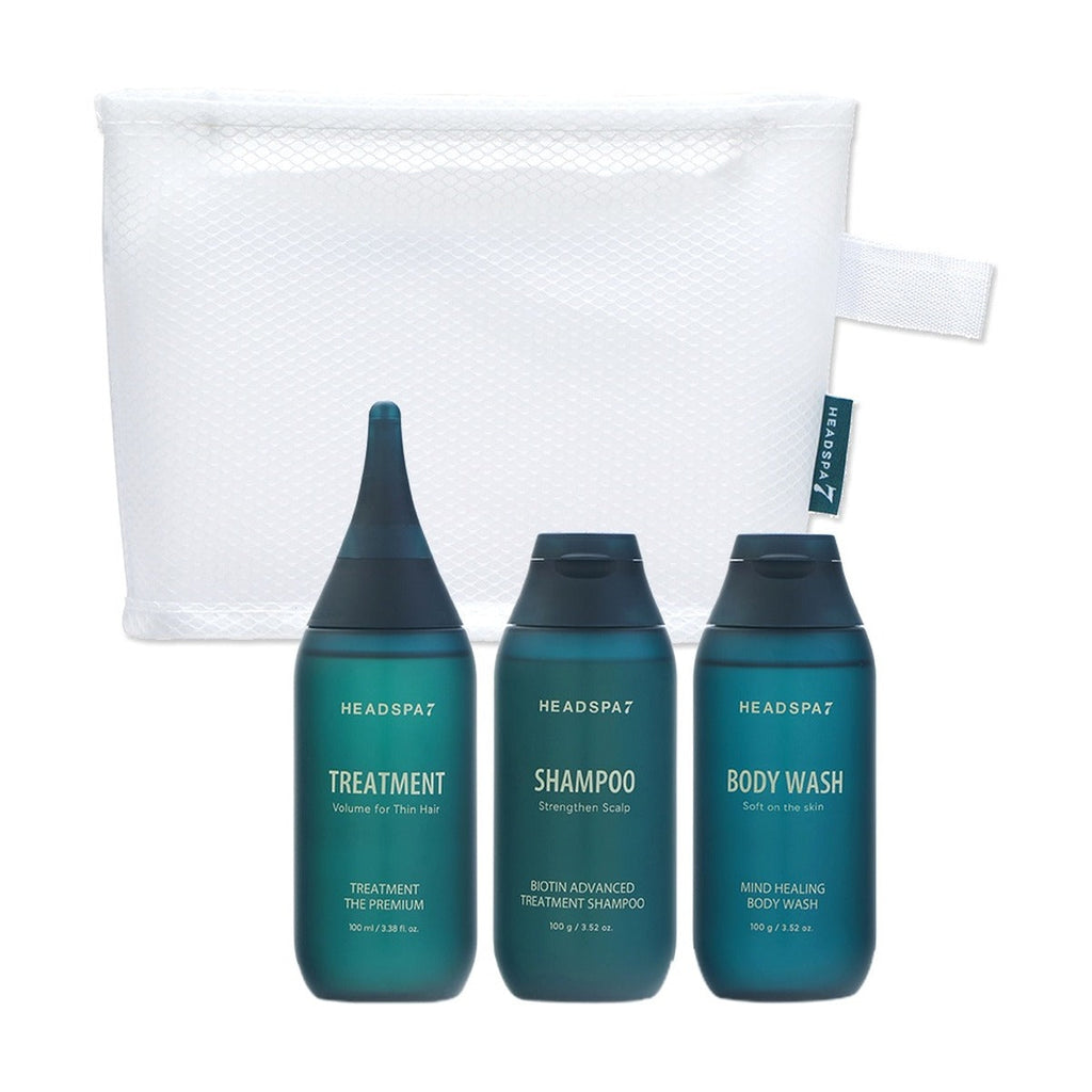HEADSPA 7 Travel Shower Kit with shampoo, treatment, body wash and mesh pouch