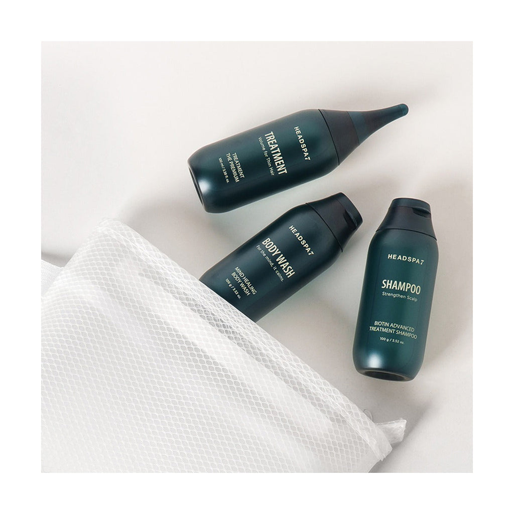 HEADSPA 7 Travel Shower Kit with shampoo, treatment, body wash and mesh pouch